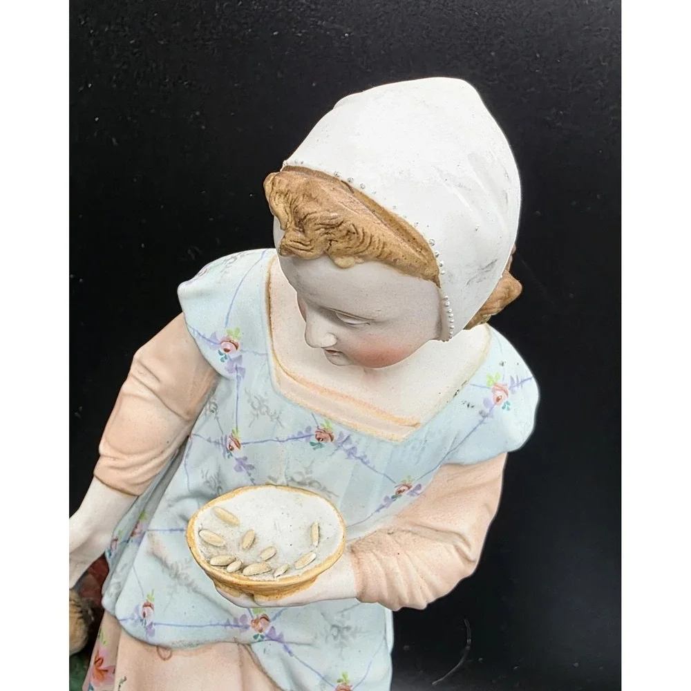 Antique French Porcelain Bisque Girl Feeding‎ Birds Figurine Sculpture 11